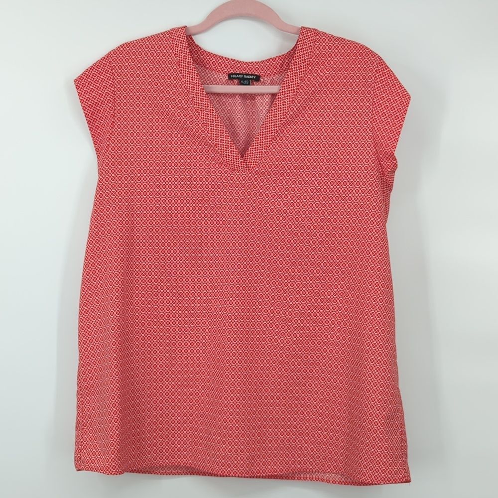 Hilary Radley Red Geometric Short Sleeve V-Neck Blouse XL X-Large
